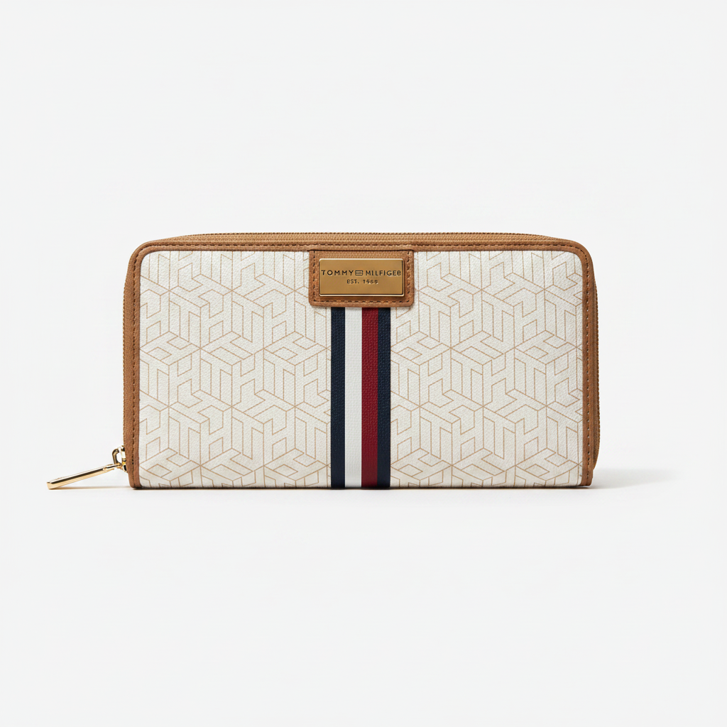 Billetera Tommy Hilfiger monograma crema con franja azul rojo y blanco