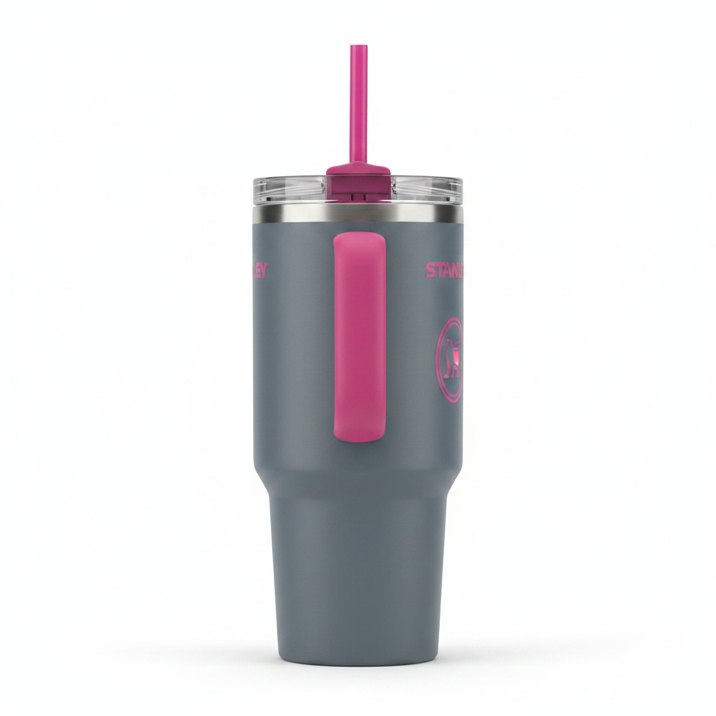 Stanley Quencher Gris Fucsia – vista lateral fondo blanco