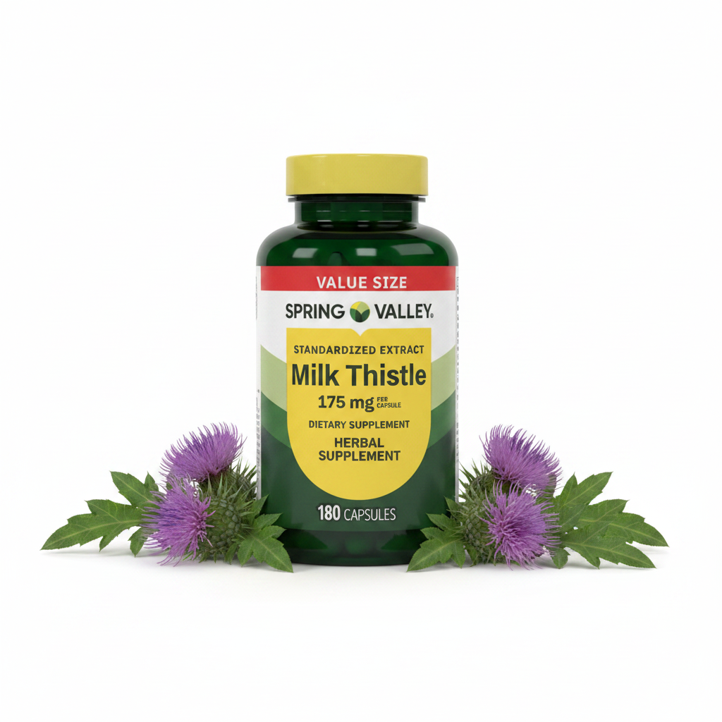 Spring Valley Milk Thistle – imagen con fondo de hojas y flores de cardo