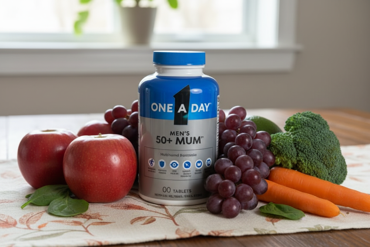 One A Day Men's 50+ Multivitamin lifestyle con frutas y verduras