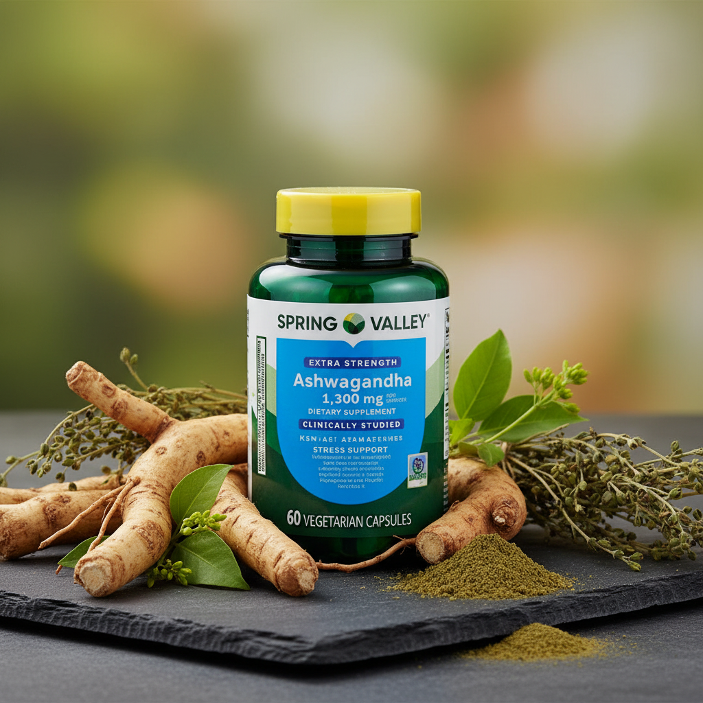 Spring Valley Ashwagandha - Foto botánica con raíces y hierbas naturales