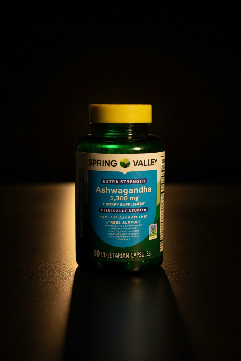 Spring Valley Ashwagandha - Foto cinématica con luz dorada sobre mármol negro