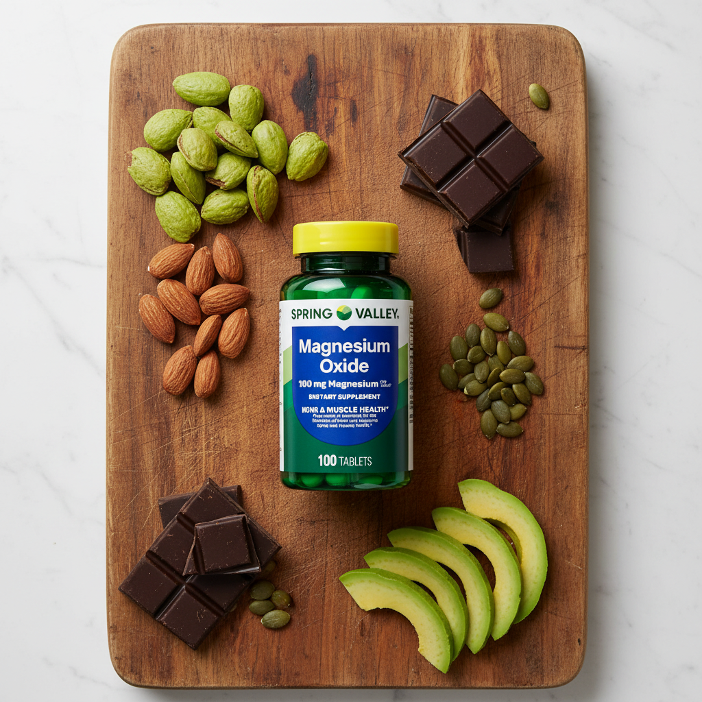 Spring Valley Magnesium Oxide - Flat lay con almendras, chocolate y aguacate