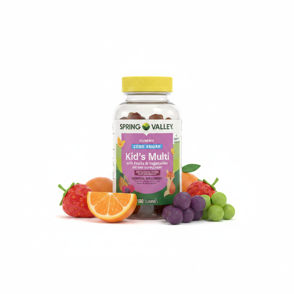 Spring Valley Kid's Multi Gummy Zero Sugar – imagen con fondo de frutas coloridas