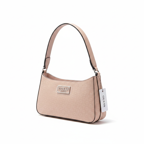 Cartera GUESS baguette rosa nude con logo plateado y etiqueta original