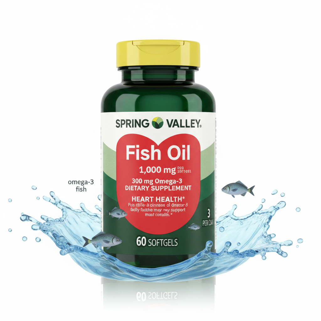 Spring Valley Fish Oil – imagen con fondo de océano y elementos marinos